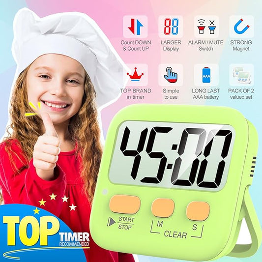 Antonki 2 Pack Digital Timer for Kids, Magnetic Countdown Kitchen Timers for Cooking, Egg, Classroom, Teacher, Exercise, Study, Oven - Battery Included