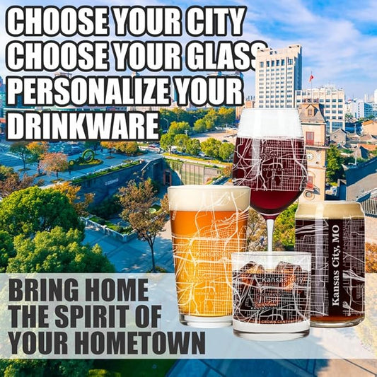 Blue Ridge Mountain Gifts - Kansas City Souvenir - Missouri Glassware Gift, Etched City Map, Laser Engraved and Dishwasher Safe