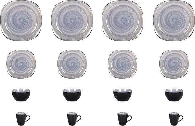 Stoneware Square 16pc Dinnerware Set, Inside Spinwash Swirl Grey + Outside Black
