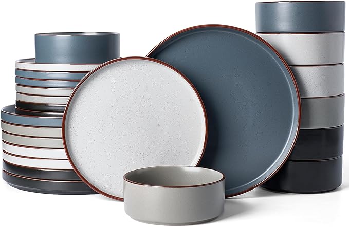 Famiware Nebula Ridge Stoneware Dinnerware Sets for 8, 24 Pieces Plates and Bowls Sets, Dishes Set, Microwave and Dishwasher Safe Kitchen Plates, Multi-color