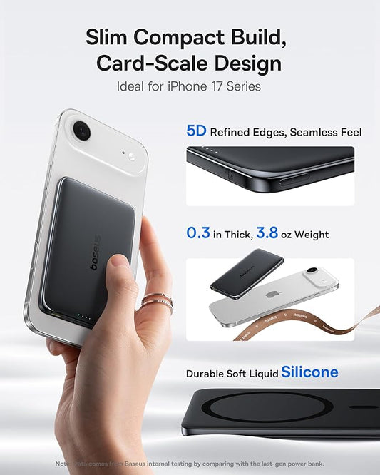 Baseus Picogo Power Bank, 0.3" Ultra Slim 5000mAh MagSafe Battery Pack, Update Polished Alloy Magnetic Portable Charger, Wireless Charger with USB-C Cable for iPhone 17 Pro Max/17 Air/16/15/14/13/12