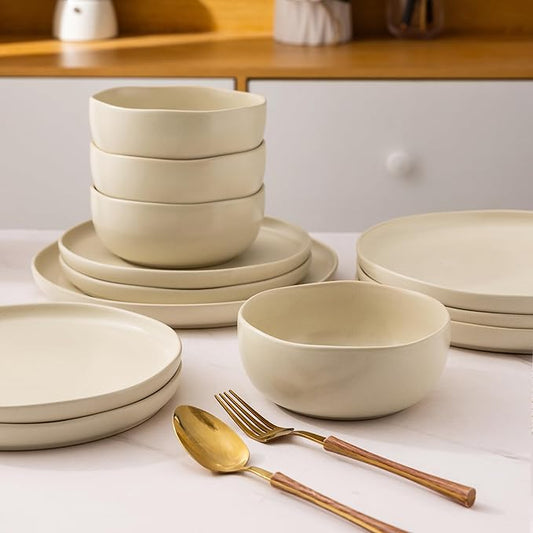 AmorArc Ceramic Dinnerware Sets, Wavy Rim Stoneware Plates and Bowls Sets,Dishwasher & Microwave & Oven Safe Dishes set, Service for 4 (12pc)