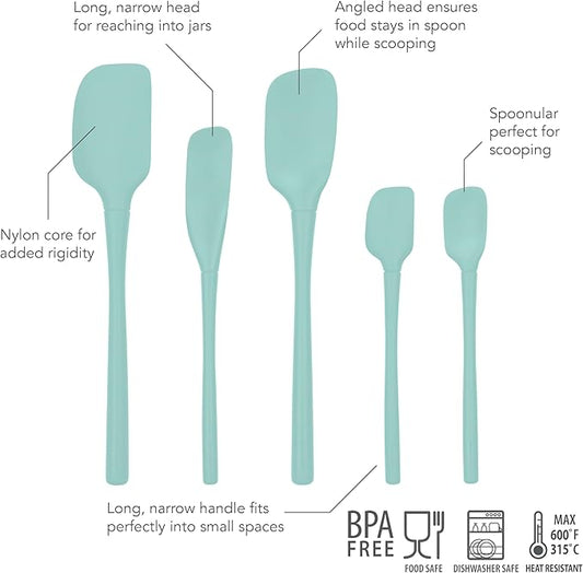 Tovolo 5-Piece Silicone Utensil Set (Light Aqua): Spatula, Spoonula, Jar Scraper, Mini Spatula, and Mini Spoonula