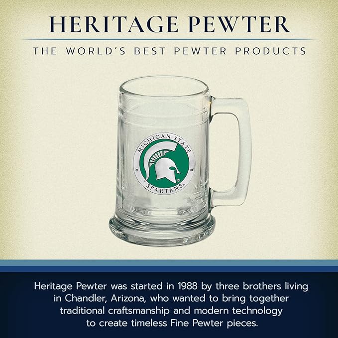Heritage Pewter Michigan State Beer Stein Glass | 15 Ounce German-Style Beer Glass | Intricately Crafted Metal Pewter Alma Mater Inlay