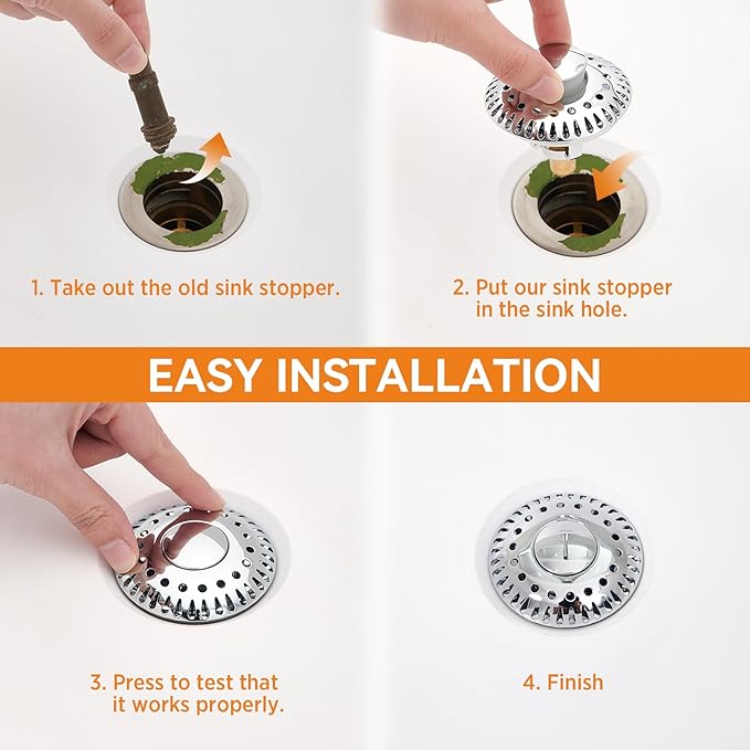 Bathroom Sink Stopper for 1.06"-1.65" Drain Holes, 2 in 1 Bath Sink Drain Strainer Stopper, Pop Up Drain Cover Plug with Hair Catcher, Stainless Steel (Chrome Silver-1p)
