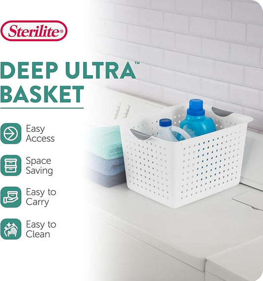 Sterilite Deep Ultra Basket, Closet Organizer Bin, Cabinets, Pantry, Shelving and Countertop Space Open Container, White, 18-Pack