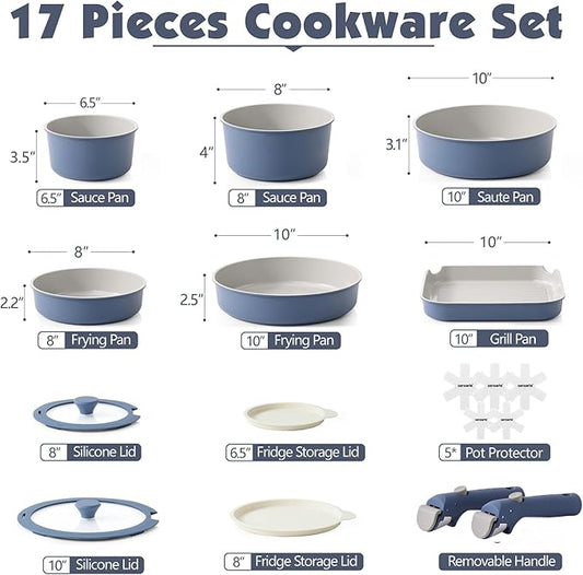 SENSARTE 17 Piece Ceramic Pots and Pans Set, Nonstick Detachable Handle Cookware, Induction Kitchen Cookware Set with Removable Handle, Dishwasher & Oven Safe (Navy)