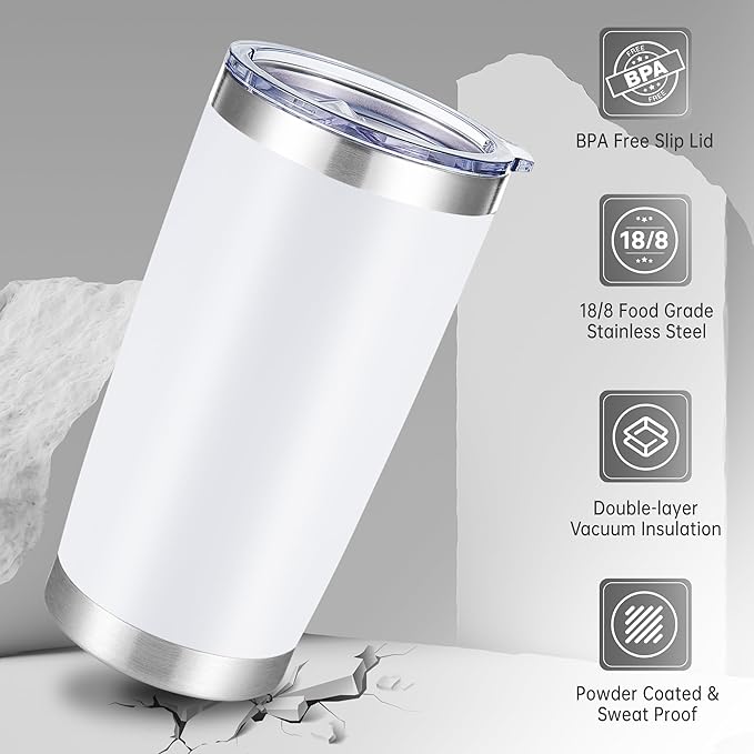 20 oz Tumblers Bulk Stainless Steel Tumbler with Lid Double Wall Vacuum Insulated Coffee Mug 20oz Powder Coated Cup for Hot and Cold Drinks, White, 6 pack