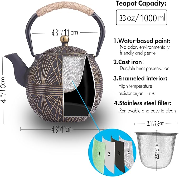 Enameled Cast Iron Teapot 34oz(1000ml) - Japanese Style Kettle with Removable Stainless Infuser & Ergonomic Handle, Stovetop Safe for Loose Leaf Tea Green and silver (Black Gold)