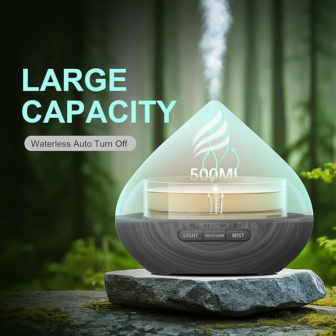 Essential Oil Scent Diffuser: 500ML Aroma Diffuser with Remote Control, Large Fragrance Aromatherapy Diffuser for Bedroom Home, Mist Humidifier & 14 Colors LED Lights and waterless Auto-Off, Dark Grey