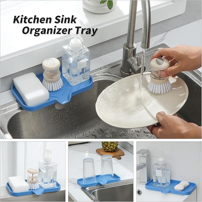 Silicone Bathroom Soap Dishes with Drain Spout Bathroom and Kitchen Sink Organizer,Sponge Holder,Dish Soap Tray,Perfect for Dispenser,Scrubber,Bottle,Cup on Counter Lichen Blue 9.6"×5.3"