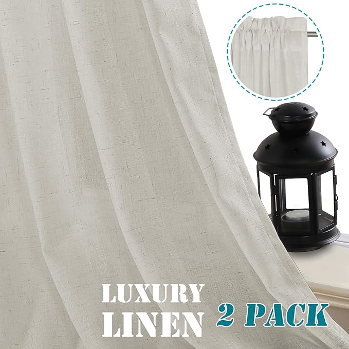 H.VERSAILTEX Linen Curtains Elegant Natural Linen Semi Sheer Curtains Energy Light Filtering Rod Pocket Window Treatments Panels for Living Room (Set of 2, Pale Oak, 52 inch W X 63 inch L)