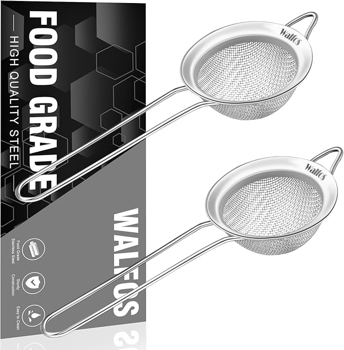 Walfos Small Fine Mesh Tea Strainer, Mini Stainless Steel Sieve with Handle, 2.7 Inch Kitchen Metal Sifter Strainers for Tea, Juicing, Coffee, Cocktail, Powdered Sugar, Matcha (2 Pack)