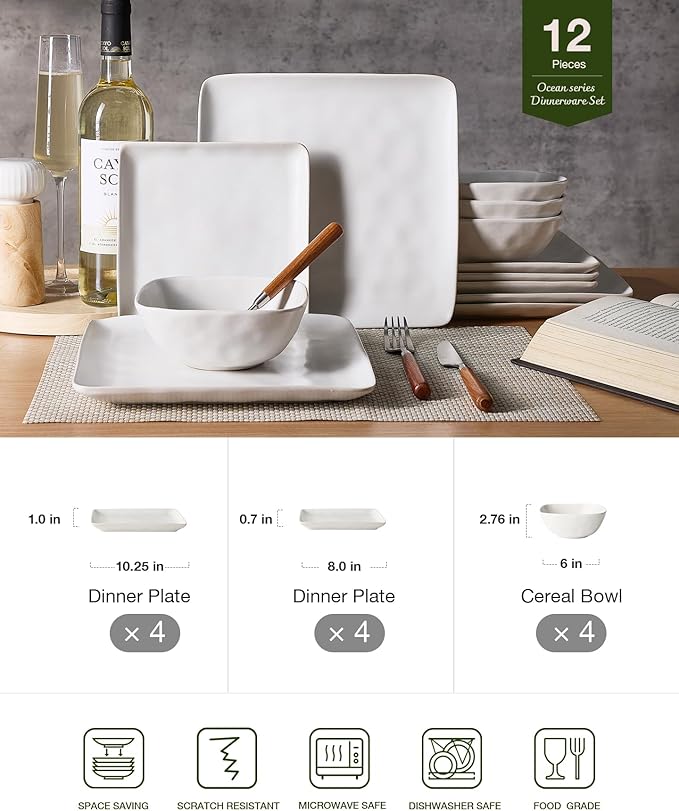 Famiware Dinnerware Sets for 4, Ocean Square 12-Piece Kitchen Plates and Bowls Sets, Microwave and Dishwasher Safe, Scratch Resistant, Matte White