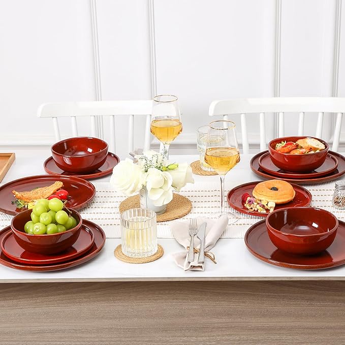 Vicrays Ceramic 12 Pieces Dinnerware Set - Dinner Plates Salad Plates Cereal Bowls Set Service for 4 - Scratch Resistant Microwave Oven Dishwasher Safe - Cherry Red