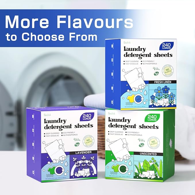 Soulink Laundry Detergent Sheets Fresh Linen Scent 240 Loads,Eco Friendly Detergent Strips for Travel & Home - No Plastic Jug Soap Strips, Plant-based, Hypoallergenic. Safe for Sensitive Skin