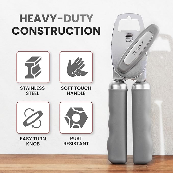 Zulay Kitchen Heavy Duty Stainless Steel Can Opener Manual with Bottle Opener - Rust Proof Manual Can Opener With Turn Knob & Comfy Soft Grip Handles - Light Gray