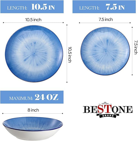 Bestone Porcelain Dinnerware Sets Service for 4, 12 pcs Hand drawn Plates and Bowls Sets, Handmade Ceramic Dish Set, Chip Resistant Modern Plate Set, Dishwasher/Microwave Safe,Starburst blue