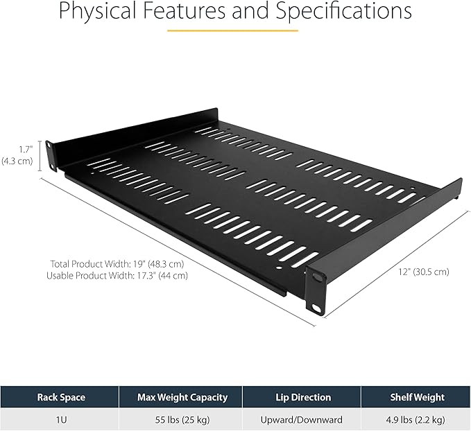 StarTech.com 1U Server Rack Shelf - Universal Vented Rack Mount Cantilever Tray for 19" Network Equipment Rack & Cabinet - Durable Design - Weight Capacity 55lb/25kg - 12" Deep (SHELF-1U-12-FIXED-V)