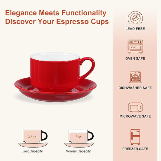 3 Ounce Espresso Cups Set of 4, Stackable Demitasse Mugs, Includes Display Stand, Cups Saucers, and Spoons, for Machines & Home Use, Red, Gold Tone