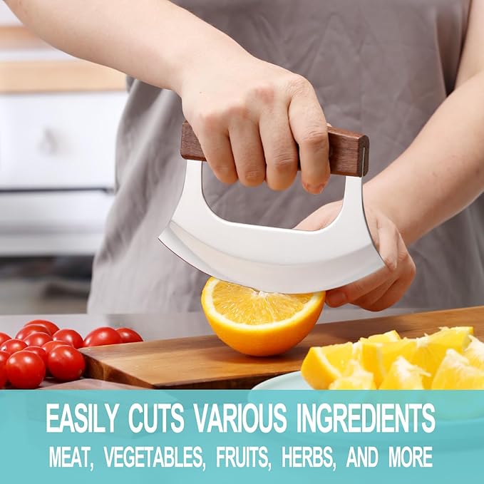 Ulu Knife - Sharp Rocker Mezzaluna Knife with Stand for Cutter Pizza, Meat, Vegetables, Herb, Salad, Stainless Steel Blade, Walnut Wood Handle, Kitchen Essentials Accessories and Gadgets Tools