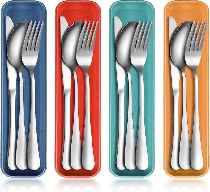 Yinkin 4 Pack Portable Travel Utensils Set with Case Reusable Stainless Steel Silverware Flatware Camping Cutlery Include Fork Spoon Knife for Work School Dishwasher Safe(Mixed Color)