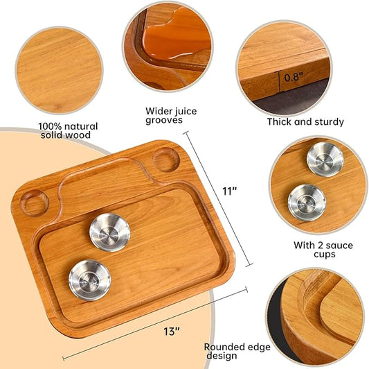 Wooden Steak Plates include 2 Sauce Cups, Wood Steak Board Set Serving Tray for Food Meat Cutting Board with Juice Groove, Charcuterie Board Platter for Home