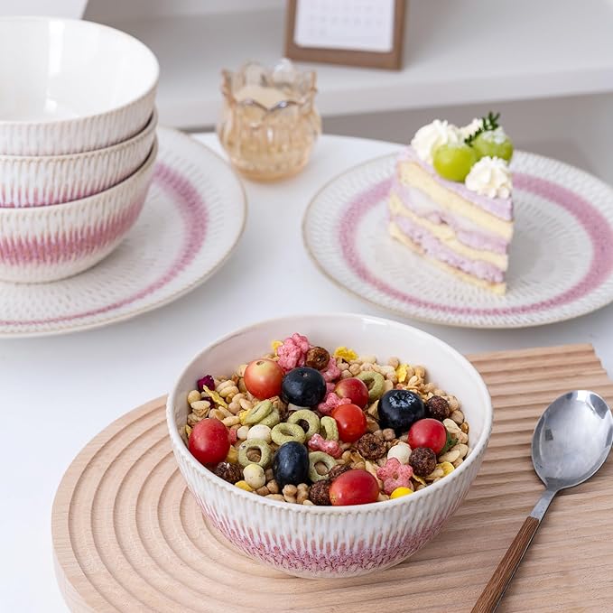 Dinnerware Set Pink Stoneware 12 Pieces Service for 4, Stoneware Plates and Bowls Set, Dishwasher Microwave Safe Dishes set