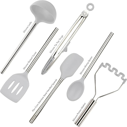 Tovolo Silicone Cooking Utensil Set of 6 Oyster Gray Ladle Slotted Turner Tongs Flex Core Spatula Scraper Mixing Spoon and Potato Masher, Dishwasher Safe Non Toxic BPA Free Silicone Kitchen Utensils