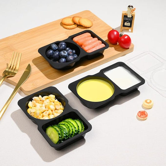 Double Compartment Snack Containers with Lids, 2 Compartment Condiment Container, Plastic Disposable Snack Pack Containers for Sauce, Salad, Food Storage Box(30PCS-Black)