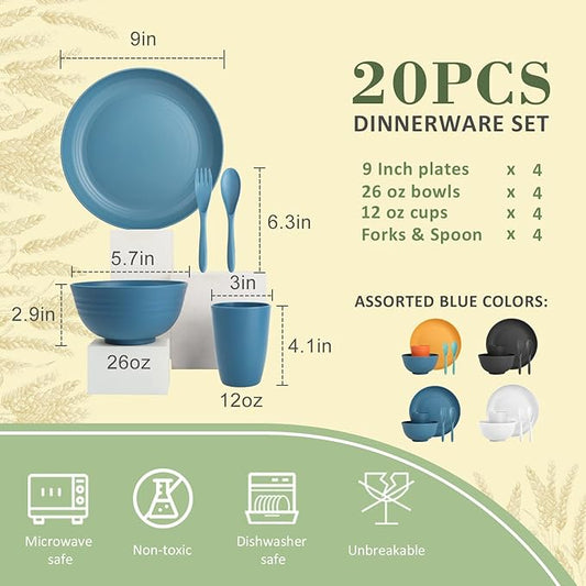 Wrova Wheat Straw Dinnerware Sets of 20,Dishwasher Safe Kitchen Plates and Bowls Sets,Camping Dishes Sets Contains Dinner Plates,Cereal Bowls,Drinking Cups and Flatware.(Blue)