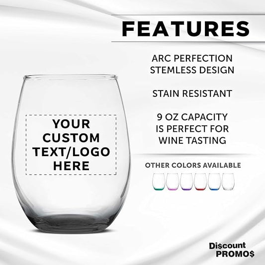 DISCOUNT PROMOS Custom Stemless Wine Glass 9 oz. Set of 10/50/100, Personalized Bulk Pack - Great for Wedding Favors, Bachelorette Party Decorations, Party Favors - Black