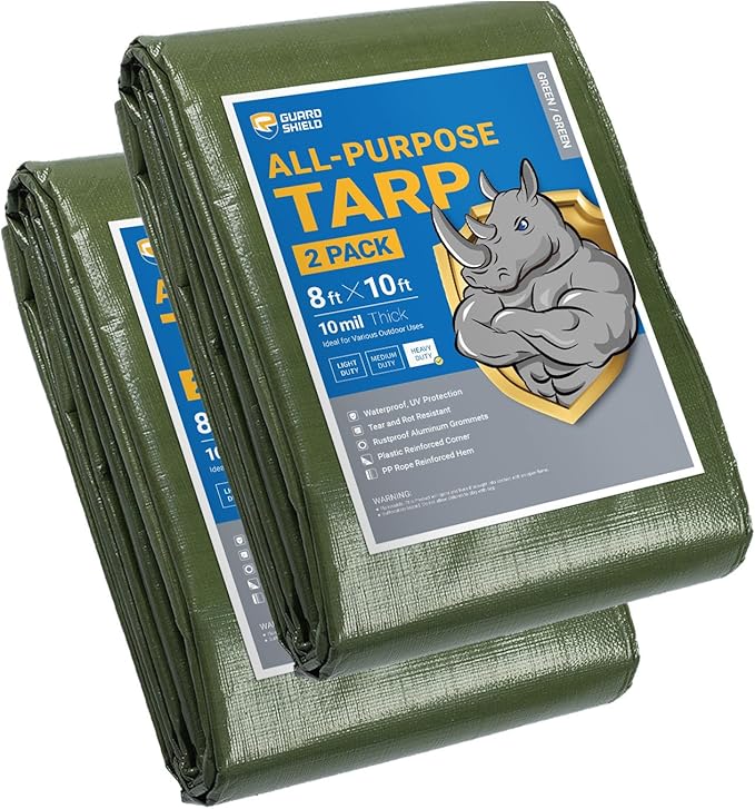 GUARD SHIELD Tarps Heavy Duty Waterproof 8x10 Feet Green Poly Tarp Cover Outdoor Thick UV Resistant Tarpaulin with Grommets 10mil (2-Pack)