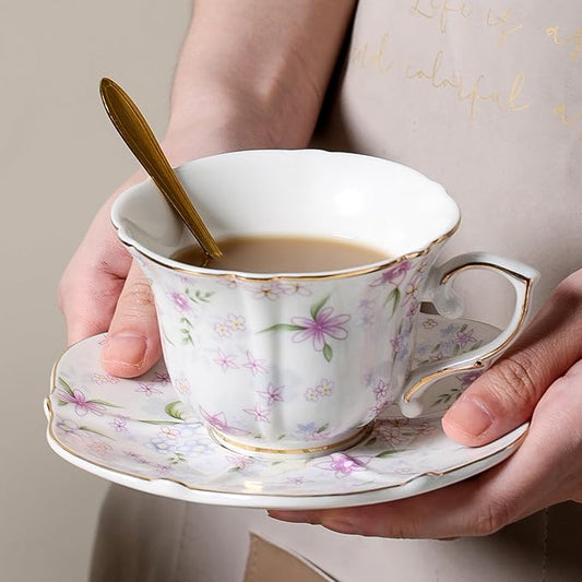 Bone China teacups,Vintage flower Pattern Espresso Teacups and Saucers,ceramic Coffee Mug Set & tea cups for women,about 7 oz(200 ml), Style02
