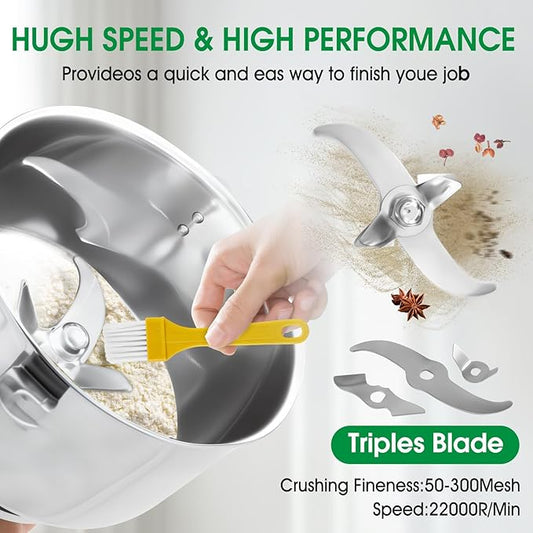 750g Electric Grain Mill Grinder, 2000W High-Speed Stainless Steel Dry Food Grinder, for Grains, Spices, Seeds, Coffee, Herbs & More, Commercial & Home Kitchen Use (28000 RPM, One-Touch Operation)