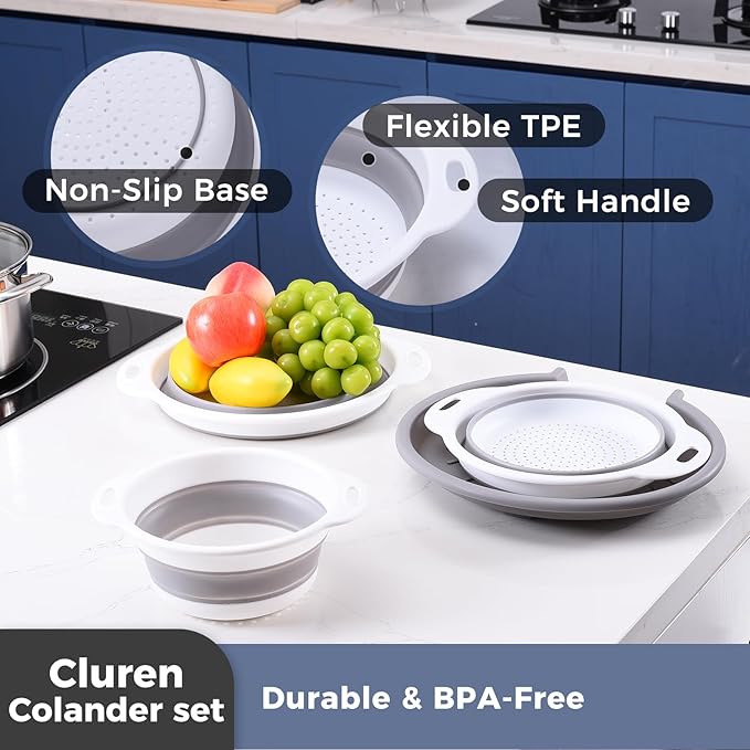 Collapsible Colander Set with Universal Draining Tray | 3-Pack Foldable Kitchen Strainers + Base | Space Saving for Pasta, Veggies, Fruit & Rice | 5 Colors (Gray-White)