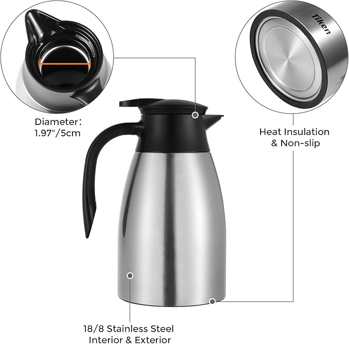 Tiken 51 Oz Thermal Coffee Carafe, Stainless Steel Insulated Vacuum Coffee Carafes For Keeping Hot, 1.5 Liter Beverage Dispenser (Silver)