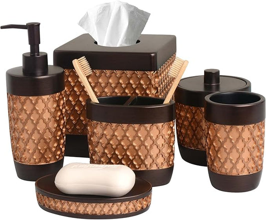 Decozen Bathroom Accessories Set 6Pcs – Soap Dispenser, Toothbrush Holder, Tumbler, Soap Dish & Cotton Swab Jar – Modern Bathroom Decor, Bath Set for Christmas Decor, Wally