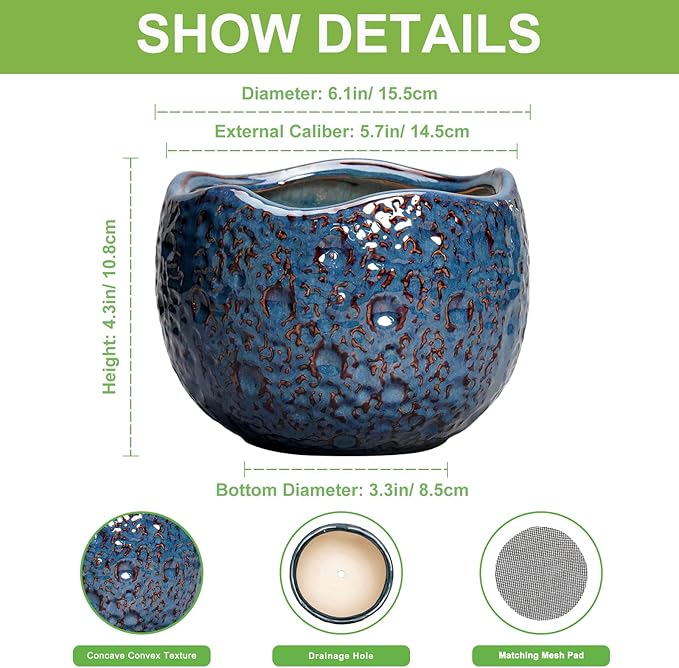 6 Inch Plant Pot - Ceramic Pots for Plants with Drainage Hole, Round Orchid Pot, Unique Planter for Indoor Outdoor, Modern Decorative Flower Pots, Room Decor, Plant Lovers Gifts, Retro Blue