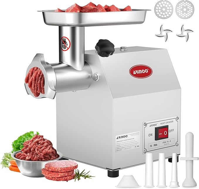 Commercial Electric Meat Grinder #8, 0.5HP Heavy Duty Industrial Stainless Steel Meat Mincer, Sausage Stuffer with 2 Blades, 2 Plates & 3 Sausage Tubes, Meat Grinder Machine for Kitchen,Restaurant