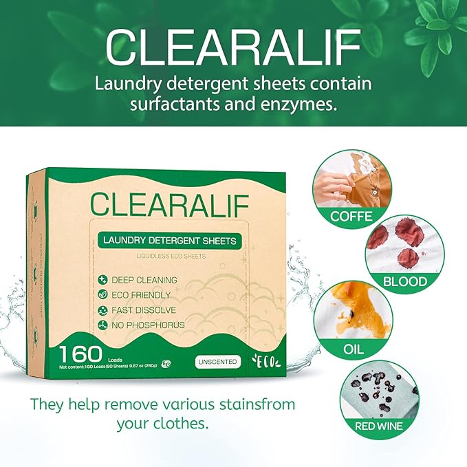 CLEARALIF Laundry Detergent Sheets (480 Loads), Unscented,Great For Travel, Apartments, Dorms, Laundry Detergent Strips Eco Friendly & Hypoallergenic (Pack of 3)