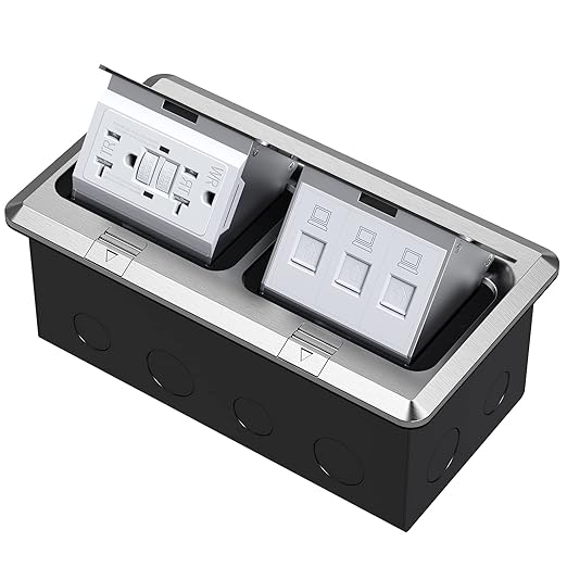 KYHSHJ Dual Pop-Up Floor Electrical Outlet Box Kit,20 Amp Stainless Steel GFCI TR Receptacle Outlet,3-Port RJ45 Datacom Receptacle,Silver