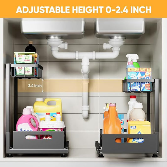 2 Pack Under Sink Organizer Storage 2-Tier Premium Metal Pull-Out Racks, Height Adjustable, Easy Installation | Kitchen & Bathroom Organizers