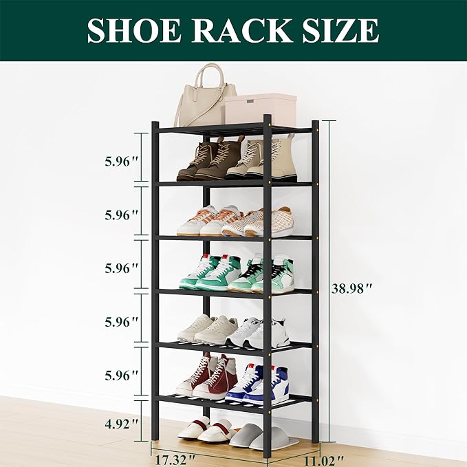 Smiry Shoe Rack, 6 Tier Small Bamboo Shoe Organizer, Stackable Free Standing Wooden Shoe Storage Shelf for Closet, Entryway, Front Door Entrance, Black