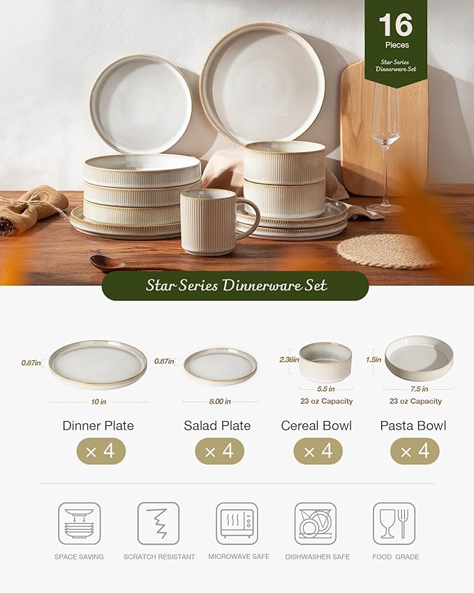 Famiware Star Dinnerware Set with Pasta Bowls, Service for 4 (16pcs), Ribbed Stoneware Plates and Double Bowls Dishes Sets - Chip & Scratch Resistant, Microwave & Dishwasher Safe, Cappuccino White