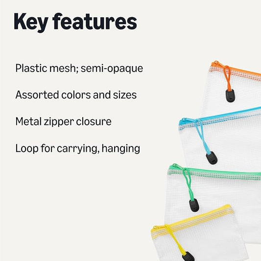 Amazon Basics 30-Pack Mesh Zipper Pouch Bags, 8 Sizes Waterproof Storage Organizers with Zipper, Multipurpose Clear Travel Document Bags for Office Home School Organization (8 Assorted Colors)