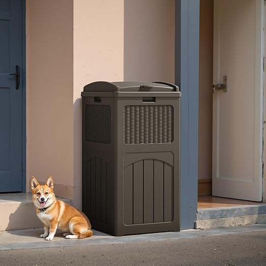 Flamaker 30 Gallon Trash Can, Resin Outdoor Garbage Can with Lid, Waterproof Hideaway Patio Waste Bins for Outside Use (2 Pack, Deep Brown)