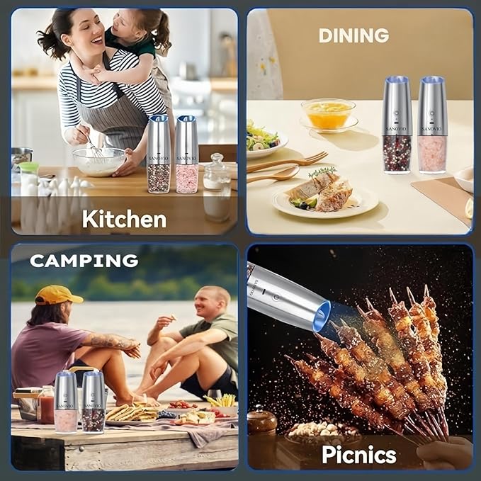 Gravity Electric Salt and Pepper Grinder Set, USB-C Rechargeable, No Battery Needed,One-Touch Automatic Shakers, Adjustable Coarseness, Kitchen Utensils for Dining Cooking(Silver,2 Pack)