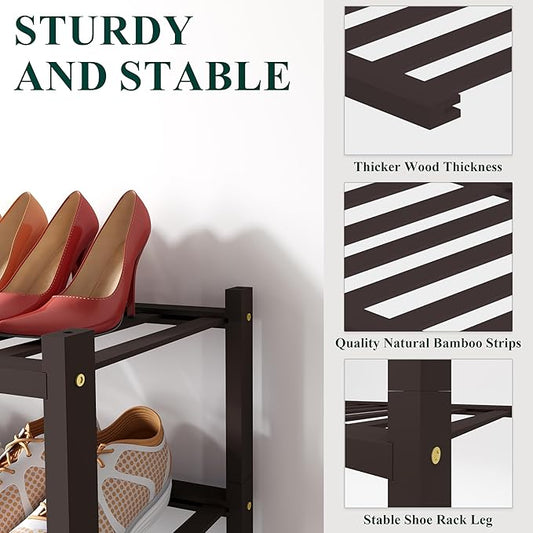 Smiry Shoe Rack, 2 Tier Small Bamboo Shoe Organizer, Stackable Free Standing Wooden Shoe Storage Shelf for Closet, Entryway, Front Door Entrance, Brown
