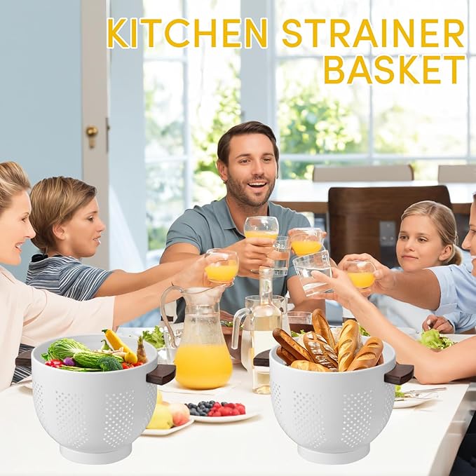 Metal Colander with Wood Handle & Self-Draining Base | 5.8QT Large Pasta Strainer for Kitchen | Scratch-Resistant Powder Coated Steel Basket for Vegetables, Fruit, Berries (White)
